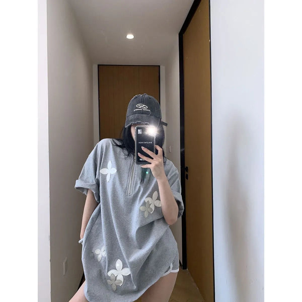 Plus Size Women's Summer Casual Embroidered Short-Sleeve Relaxed Fit Sweatshirt Fits 331 lb