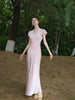 Powder Amber Pearl Bead Skirt Satin Smooth Polka Dot Exquisite Chinese Style Fitted Lace Dress
