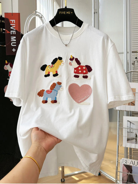 Plus Size Women's Summer Embroidered Short-Sleeve Relaxed Fit T-Shirt Fits 331 lb