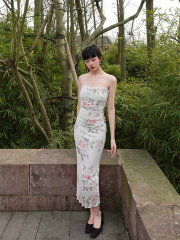 White Dew Elegant Skirt Classic Fresh and Simple New Chinese Style Lace Floral Slim Fit Maxi Dress
