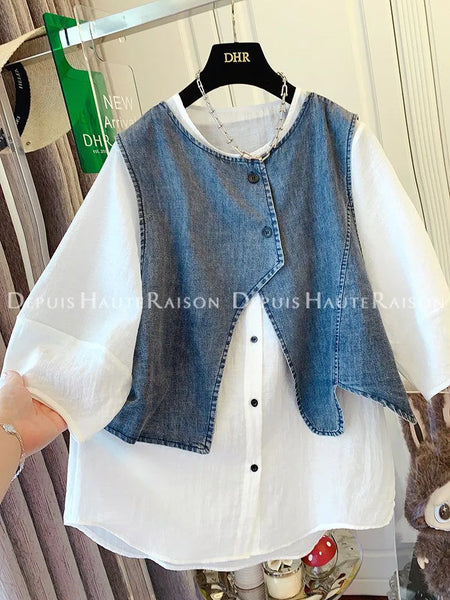 Plus Size Women's Casual Design Denim Short-Sleeve Relaxed Fit Two-Piece Set Fits 331 lb