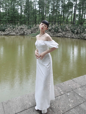 Bright White Lace Dress Elegant Palace Style Puffed Sleeves New Chinese Original Square Neck Long