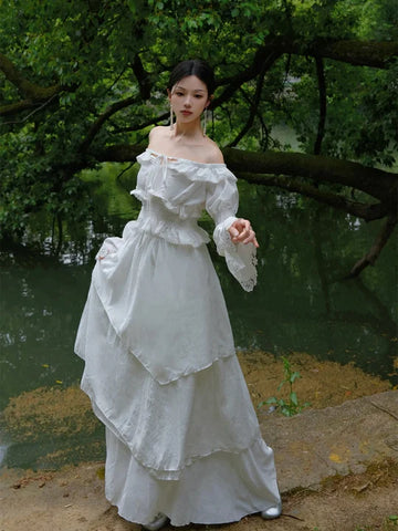 Wudao Ting Song Two-Piece Long-Sleeve Lace Set in White Original New Chinese Classical Palace Style Design