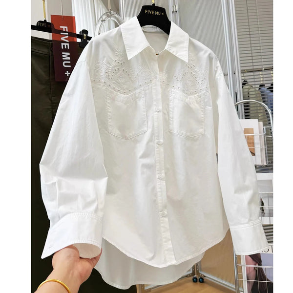 Plus Size Women's Embroidered Long-Sleeve Relaxed Fit Shirt Fits 331 lb