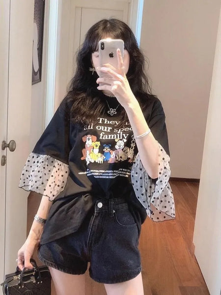 Plus Size Women's Summer Fashionable New-Style Lace Patchwork Short-Sleeve Relaxed Fit T-Shirt Fits 331 lb