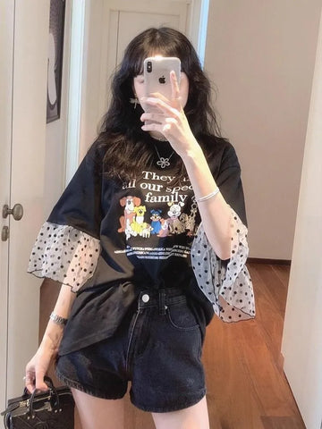 Plus Size Women's Summer Fashionable New-Style Lace Patchwork Short-Sleeve Relaxed Fit T-Shirt Fits 331 lb