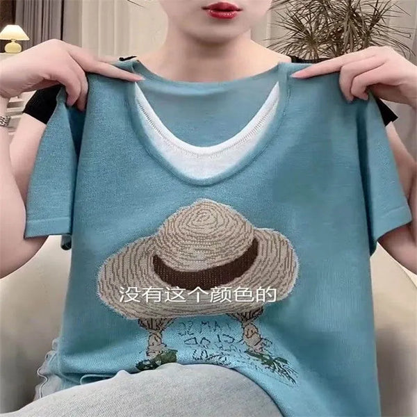 Plus Size Women's Summer New-Style Knitted Short-Sleeve Relaxed Fit Sweater Fits 331 lb