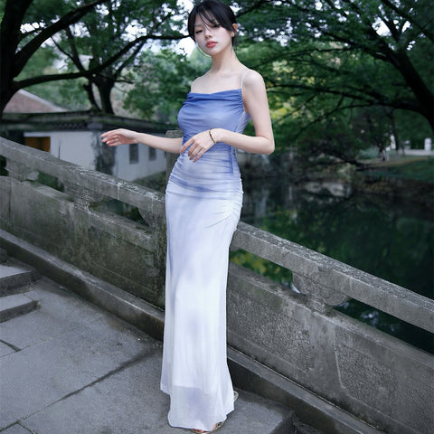 Qingzi Misty Skirt Gradient Purple Dip-Dye Ruffle Neck Tie-Dye Mesh Dress Halter Backless Long