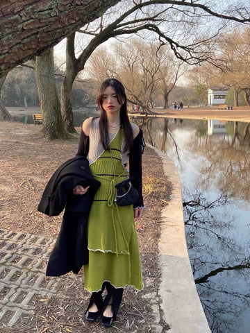 Woven Dress Retro Irregular Original Deconstructed Handmade Contrast Color Knit Sweater Overlay Skirt