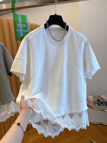 Plus Size Women's Summer Lace Patchwork Short-Sleeve Relaxed Fit T-Shirt Fits 331 lb