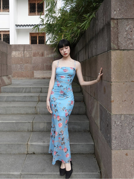 Mysterious Blue Floral Rhythm Skirt Chilly and Elegant Flower Retro New Chinese-Style Halter Pencil Dress