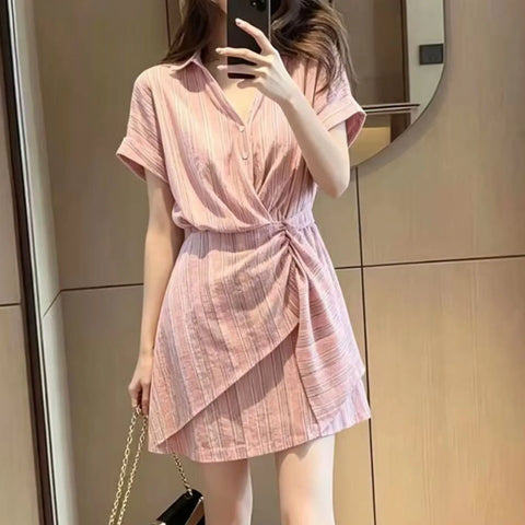 Plus Size Summer New-Style Design Pleated Short-Sleeve Dress Fits 331 lb
