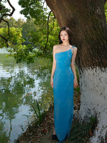 Qingyi Overlapping Wave Skirt Classic Sapphire Blue New Chinese Style Resort Island Retro Slim Fit Dress