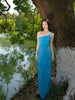 Qingyi Overlapping Wave Skirt Classic Sapphire Blue New Chinese Style Resort Island Retro Slim Fit Dress
