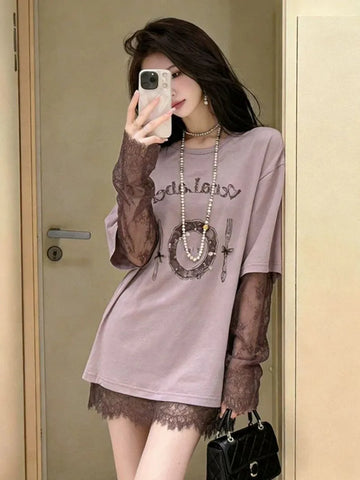 Plus Size Women's Summer Vintage Casual Lace Patchwork Printed Long-Sleeve Relaxed Fit Top Fits 331 lb