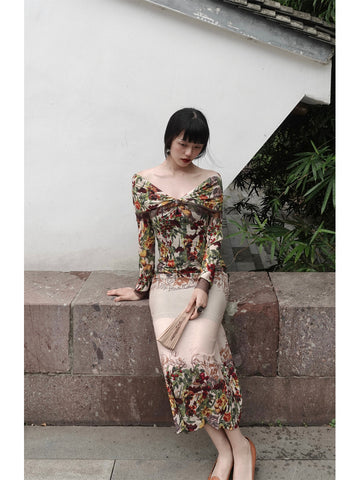 Antique Scented Skirt Floral Retro Elegant One-Shoulder New Chinese Style Fitted Long Dress