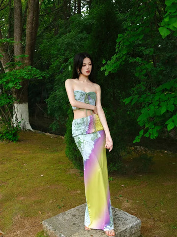 Heat Wave Patterned Skirt Forest-Style Beach Vacation Halter Neck Slit Maxi Dress Retro Lazy Outfit