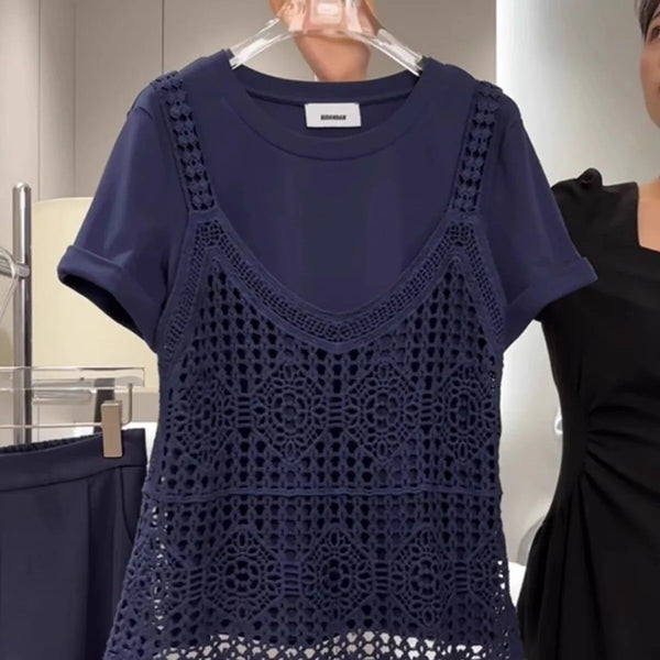 Plus Size Women's Summer French-Style New-Style Casual Lace Short-Sleeve Two-Piece Set Fits 331 lb