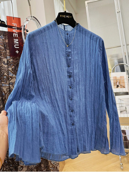 Plus Size Women's Summer New-Style Vintage Pleated Long-Sleeve Relaxed Fit Shirt Fits 99-331 lb