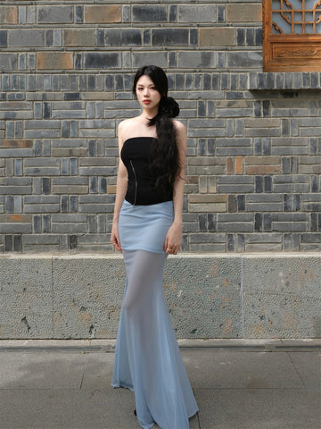 Gap Light Binding Wave Skirt Sea Salt Sky Blue Mesh Bustier Wrap Hip Mermaid Tail Vacation Style Retro Set