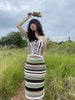 Xiao Juchuan Chestnut/Green Field Set Color-Blocked Retro Irregular Knit Sweater and Skirt