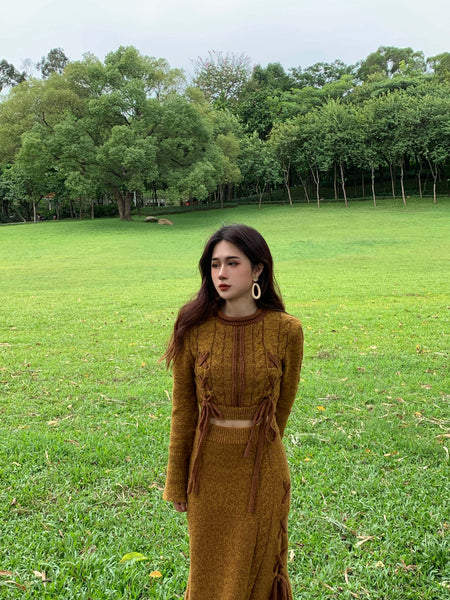 Mustard Brown Knit Sweater Set Deconstructed Tie Rope Round Neck Mixed Color Original Chinese Bell-Sleeved Dress
