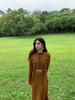 Mustard Brown Knit Sweater Set Deconstructed Tie Rope Round Neck Mixed Color Original Chinese Bell-Sleeved Dress
