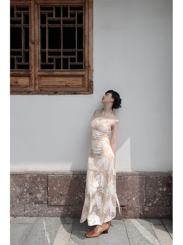 Apricot Dew Moonlight Dress - Gentle and Elegant Chinese Bow Tie Backless Strap Long