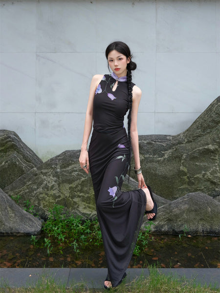 Indigo Ink Wash Inkstone Skirt Purple Iris Ink-Dyed New Chinese Style National Wind Qipao Dress Top and Set