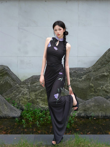 Indigo Ink Wash Inkstone Skirt Purple Iris Ink-Dyed New Chinese Style National Wind Qipao Dress Top and Set