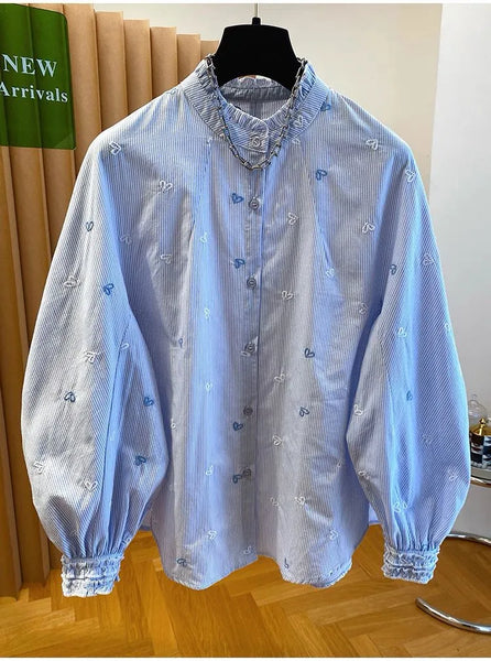Plus Size Fashionable New-Style Embroidered Long-Sleeve Shirt Fits 331 lb