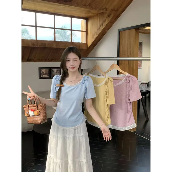 Plus Size Women's Summer Lace Design Patchwork Short-Sleeve T-Shirt Fits 265 lb