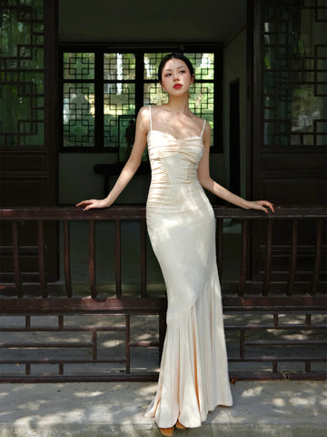 Moon White Chiffon Dress Lace Spliced Gentle and Cool Light Beige New Chinese Style Strapless Maxi