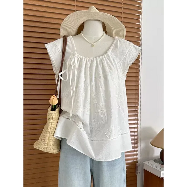 Plus Size Women's Summer French-Style Elegant Vintage Puff-Sleeve Relaxed Fit Shirt Fits 331 lb