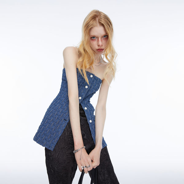 Women's Vintage Blue Denim Tube Top Tank with Waist Tie Sleeveless Slim-Fit Camisole Vest