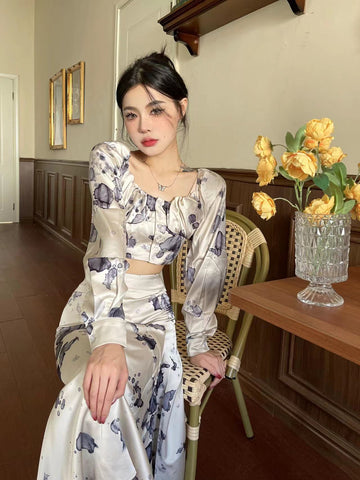 Watercolor Dress Classical Ink Splatter Tie-Dye Slit Design Retro Print Two-Piece Set Summer