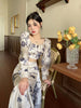 Watercolor Dress Classical Ink Splatter Tie-Dye Slit Design Retro Print Two-Piece Set Summer