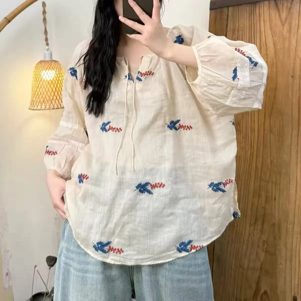 Plus Size Summer Casual Embroidered Shirt Fits 331 lb