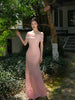 Peach Rhyme Caressing Silk Gown Pink Beauty New Chinese Style Jacquard Elegant One-Shoulder Strapless Dress