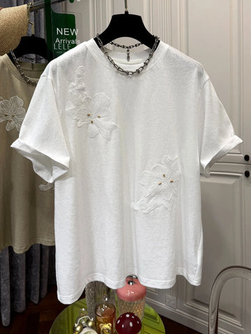 Plus Size Women's Summer Embroidered Short-Sleeve Relaxed Fit T-Shirt Fits 331 lb