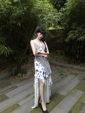 Blue Creek Flower Snow Skirt Small Fresh Floral Lace Spliced Chinese Style Halter Irregular Dress