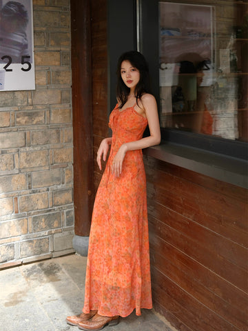 Orange Dusk Flowing Gold Skirt Moonset Autumn Rhyme Artistic and Aesthetic Retro New Chinese Style Vacation Slip Dress