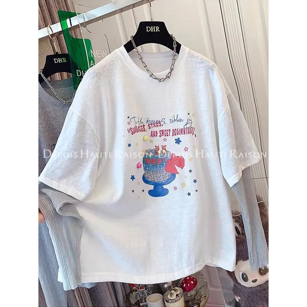 Plus Size Women's Summer New-Style Patchwork Mesh Short-Sleeve Relaxed Fit T-Shirt Fits 331 lb