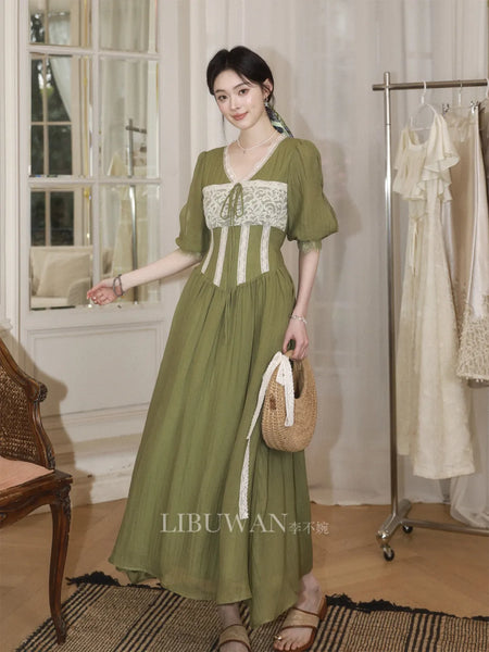 Summer Moss Linen and Lace Delicate Fresh and Gentle Design Dress