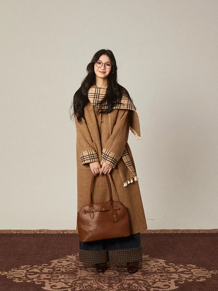 Wool Mid-century Collection Korean Drama Female Lead Gentle Temperament Wool Coat with Built-in Scarf