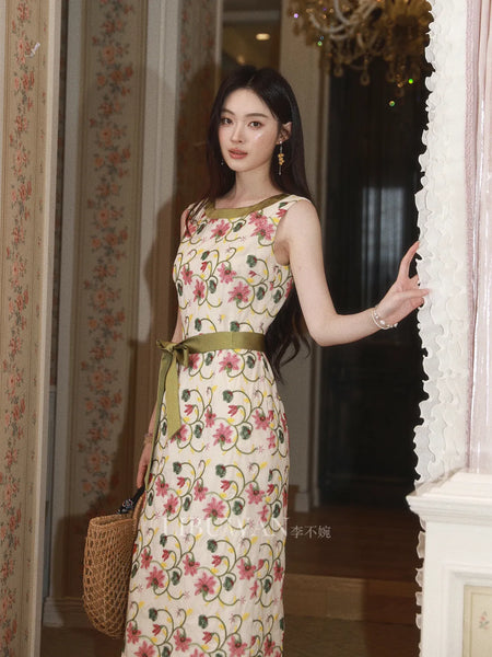Bicheng Chun Qu All-Cotton New Chinese Style Heavy 3D Embroidery CrÃªpe Acetate Ruched Spliced Dress