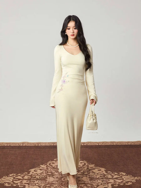 Waist Floral Fish Tail Knitted Hand-Painted Print Elegant Versatile Soft Inner Dress Gown