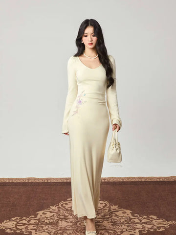 Waist Floral Fish Tail Knitted Hand-Painted Print Elegant Versatile Soft Inner Dress Gown