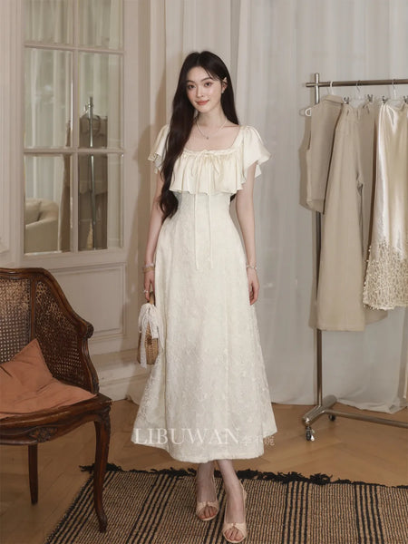 First Encounter Vintage Ethereal White Moonlight Satin Burnout Floral Gentle Dress