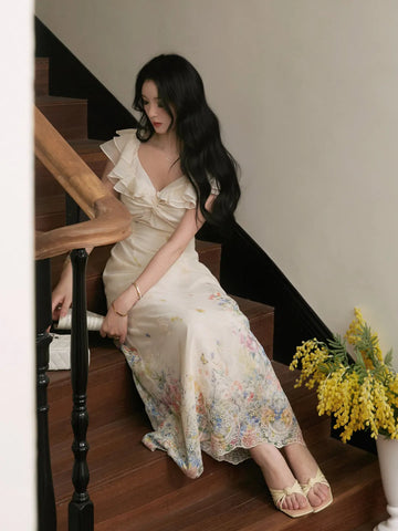 Understanding Flower Gentle Ambience Positioning Embroidery Waist-Cinching Strap Twist Knot Dress